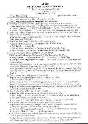 Bilaspur University Question Paper 2021-2022:P.G. Diploma In Criminology Minor Criminal Act Paper 1