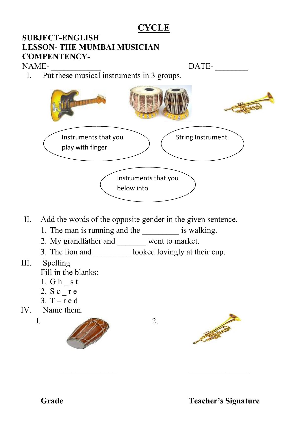 Worksheet for Class 2 English Assignment 96 The Mumbai Musician - Page 1
