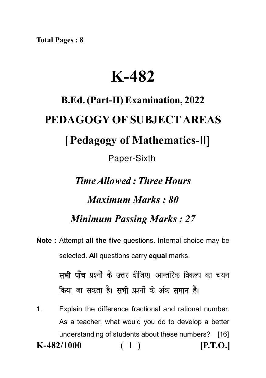 Sarguja University Question Paper - 2022 : Bachelor Of Education II Year Pedagogy Of Mathematics (II) Paper I - Page 1