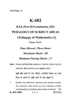 Sarguja University Question Paper - 2022 :   Bachelor Of Education II Year  Pedagogy Of Mathematics (II) Paper I