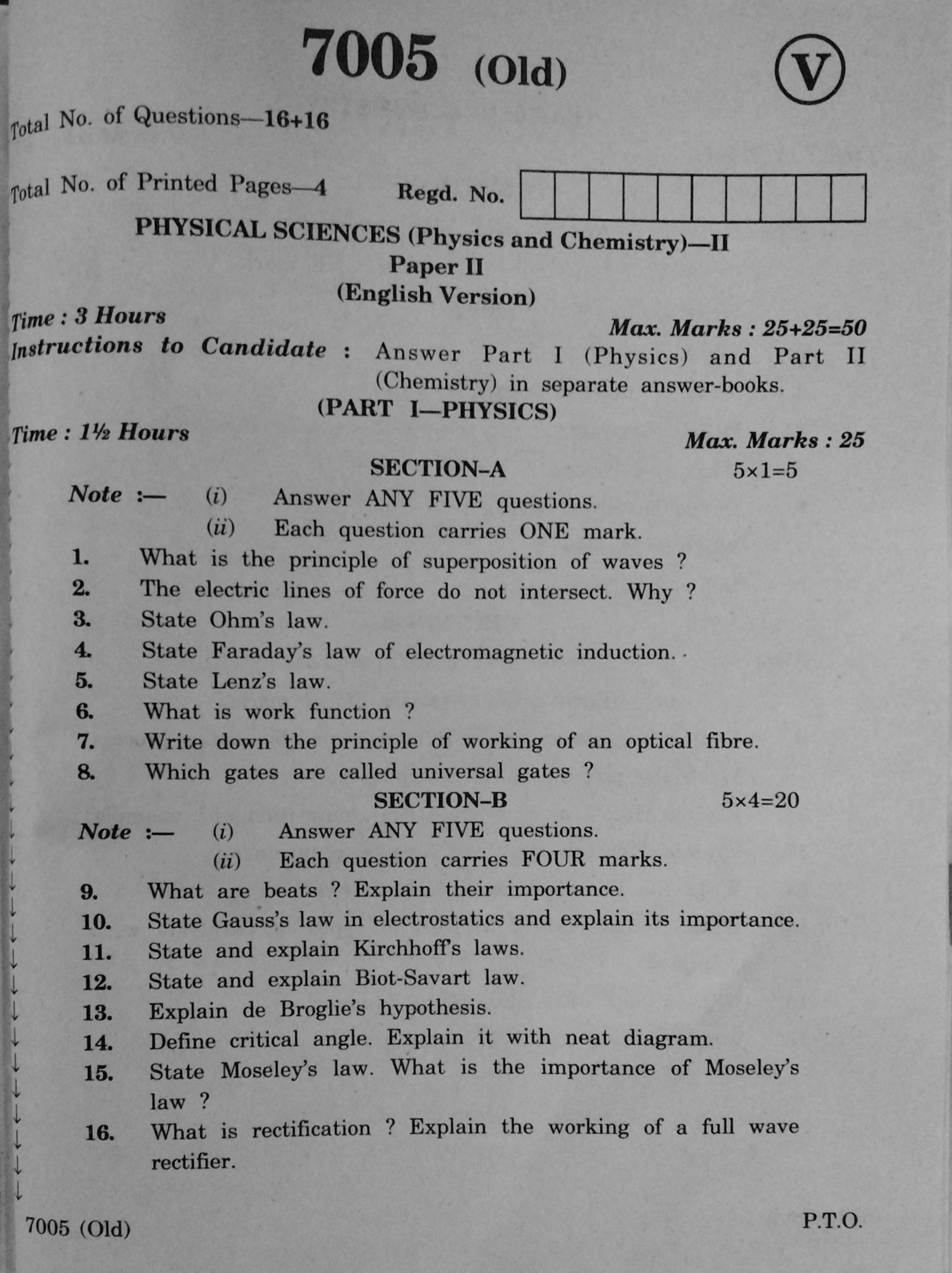 AP Inter 2nd Year Physical Sciences Physics Chemistry-II (old Bridgecourse) March-2020-Vocational Question Paper - Page 1