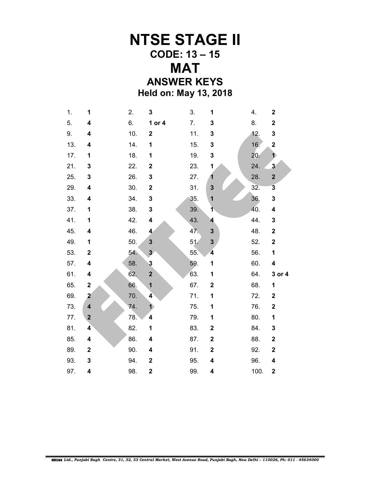 NTSE 2018 (Stage II) SAT, MAT Answer Key - Page 1