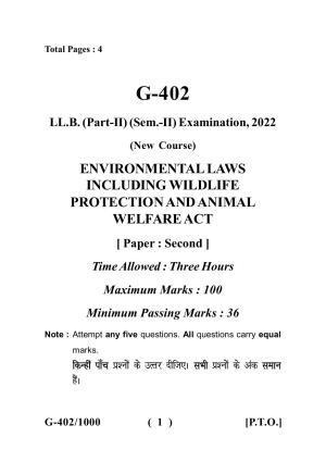  Sarguja University Question Paper - 2022 : LL.B. Part Two (II Sem.) (New Course) Environmental Laws Including Wild Life Protection And Animal Welfare Paper 1