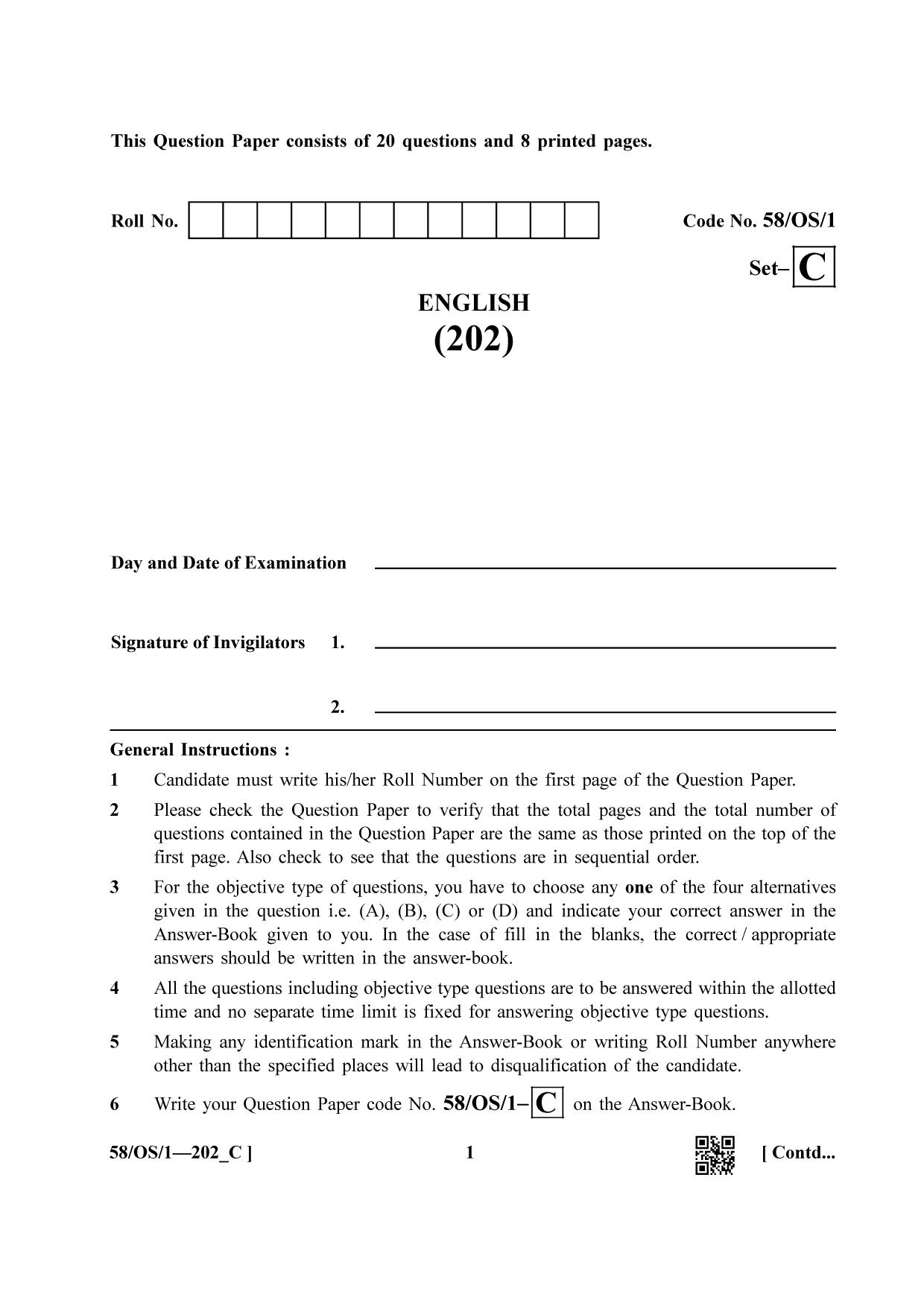 NIOS April 2019 Class 10 English (SET C) Question Paper - Page 1