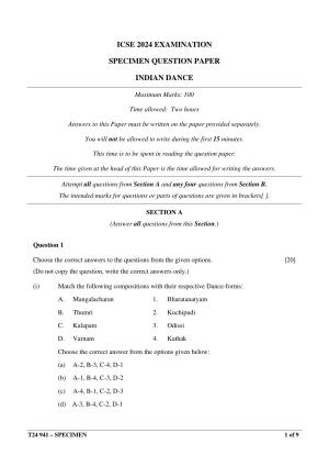 ICSE Class 10  2024 INDIAN DANCE Sample Paper