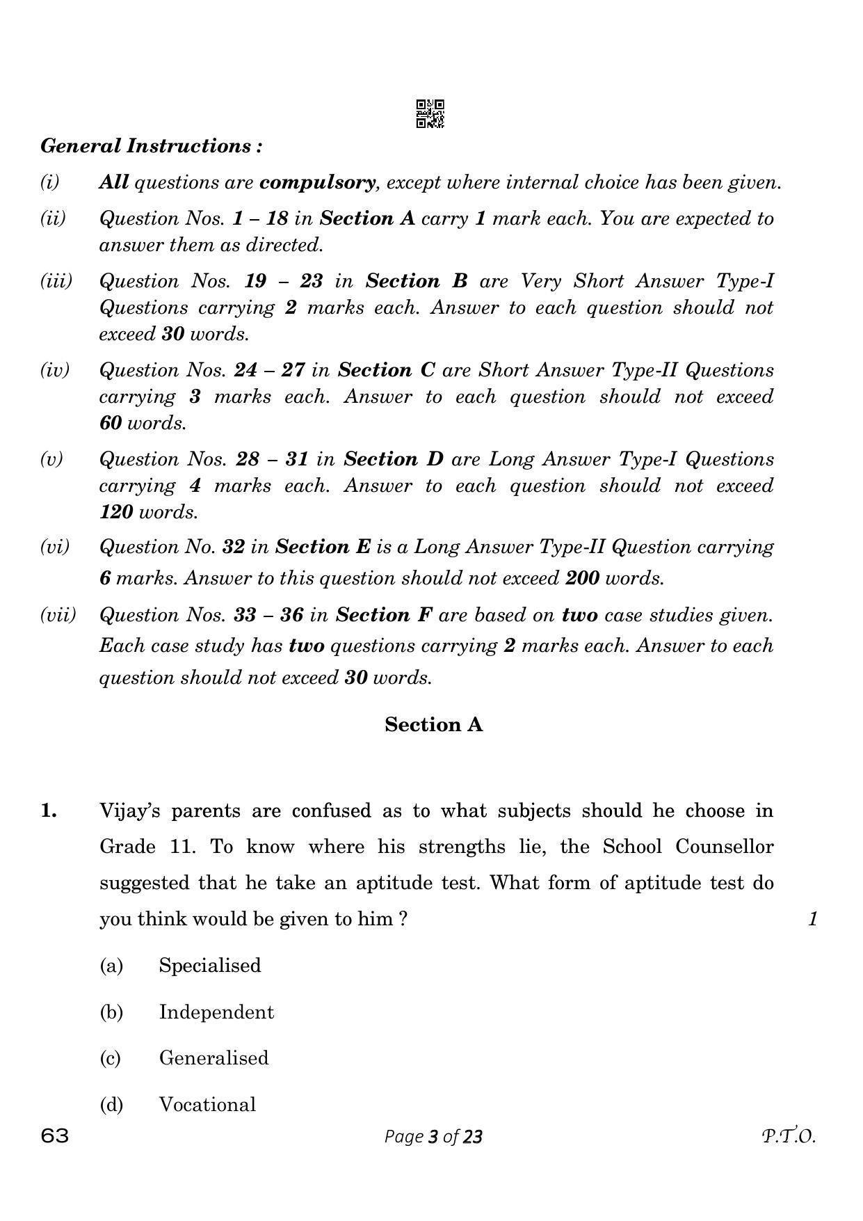CBSE Class 12 63_Psychology 2023 Question Paper - Page 3