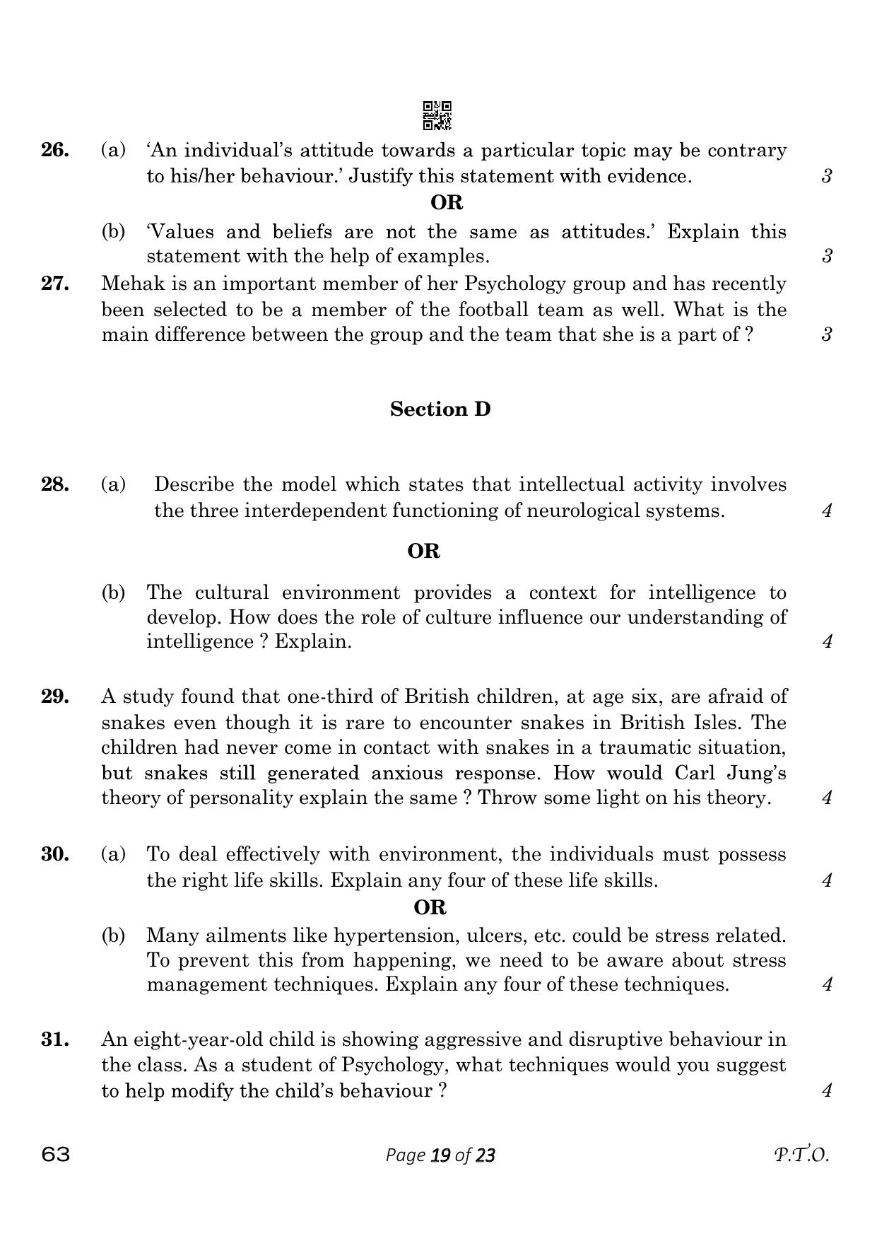 CBSE Class 12 63_Psychology 2023 Question Paper - Page 19