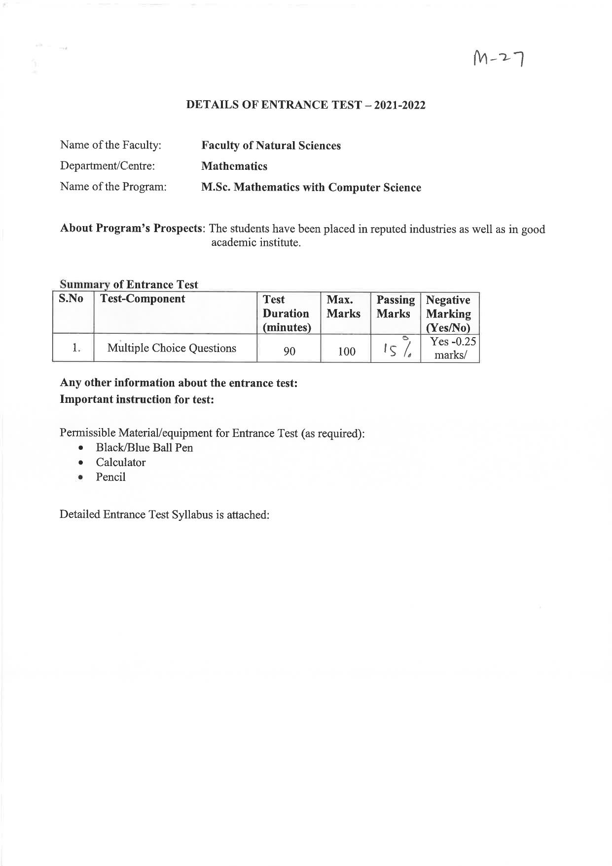 JMI Entrance Exam M27-M.Sc (Maths with Computer Science) Syllabus - Page 1