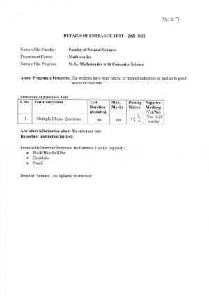 JMI Entrance Exam M27-M.Sc (Maths with Computer Science) Syllabus