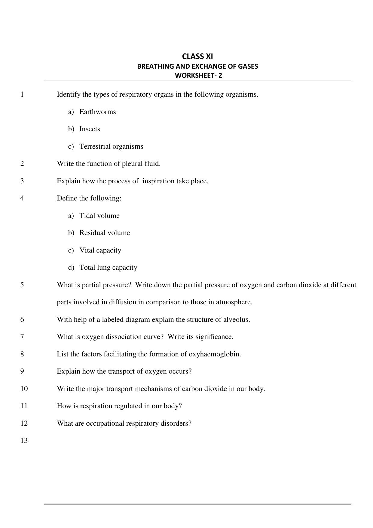 CBSE Worksheets for Class 11 Biology Breathing and Exchange of Gases Assignment - Page 1