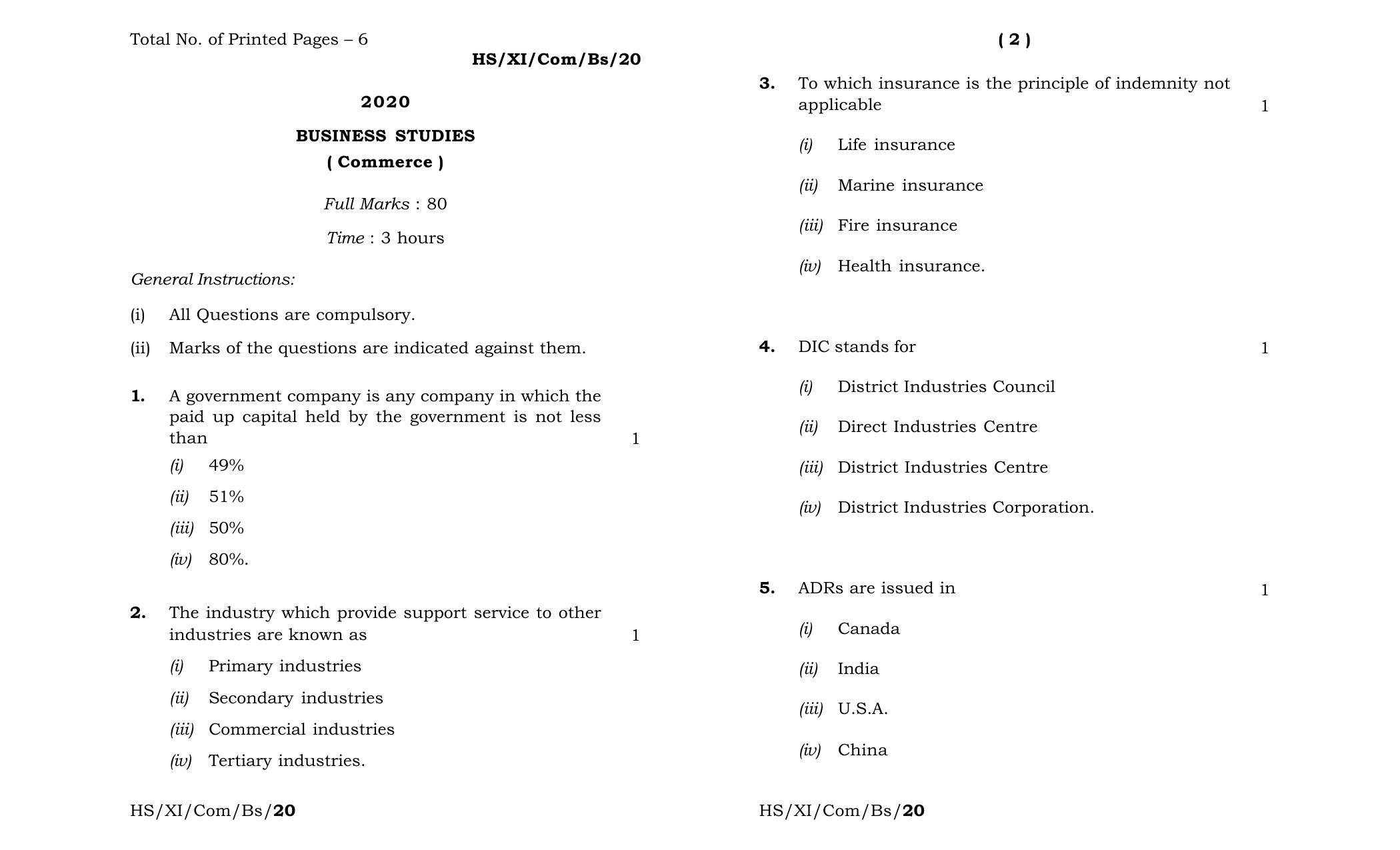 Meghalaya Board (MBOSE) Class 11 Business Studies 2020 Question Paper - Page 1