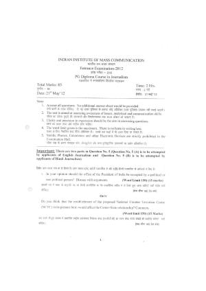 IIMC Journalism (PG Diploma) 2012 Journalism Question Paper
