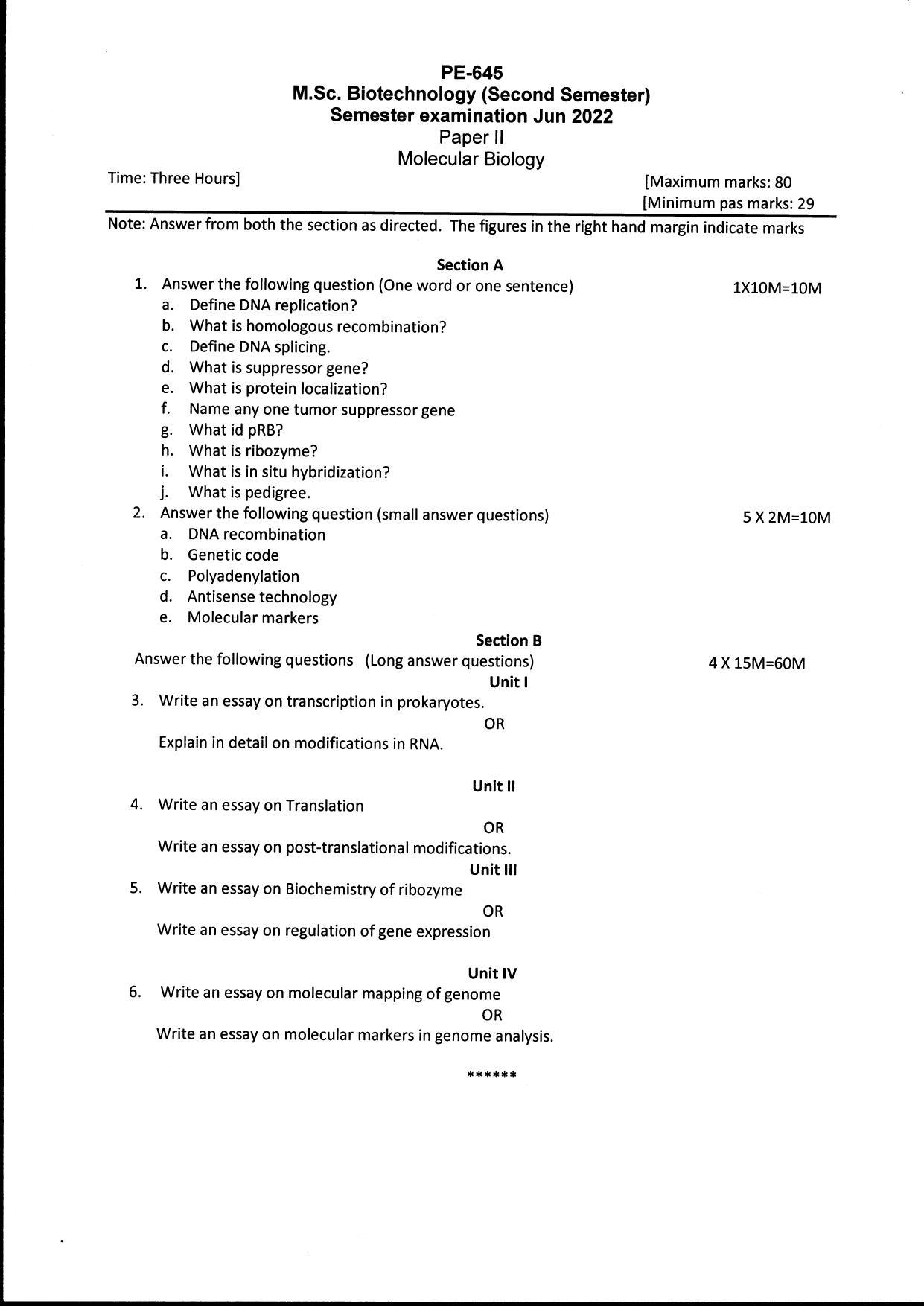Bilaspur University Question Paper June 2022:M.Sc. Biotechnology (Second Semester) Molecular Biology Paper 1 - Page 1