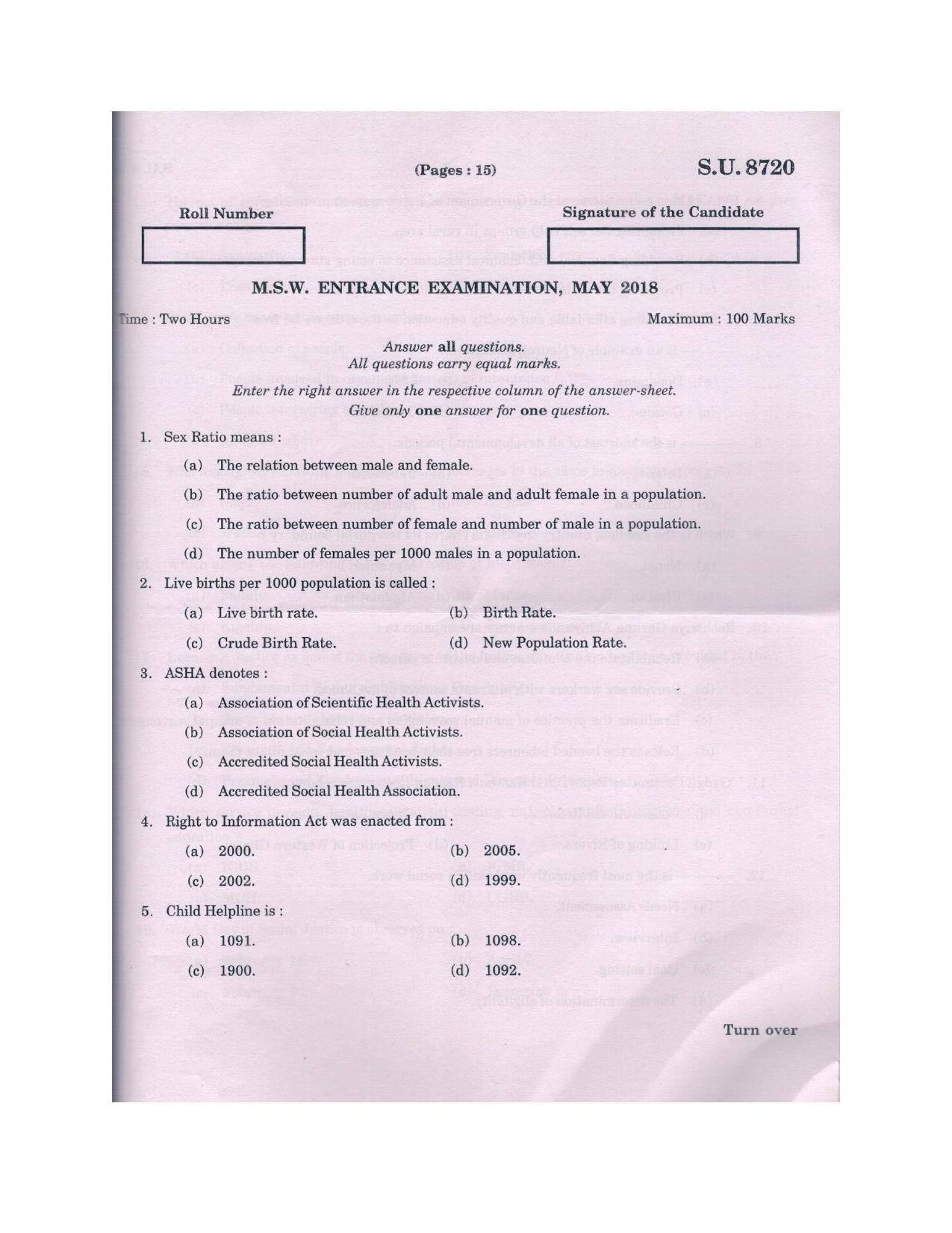 SSUS Entrance Exam MSW 2018 Question Paper - Page 1