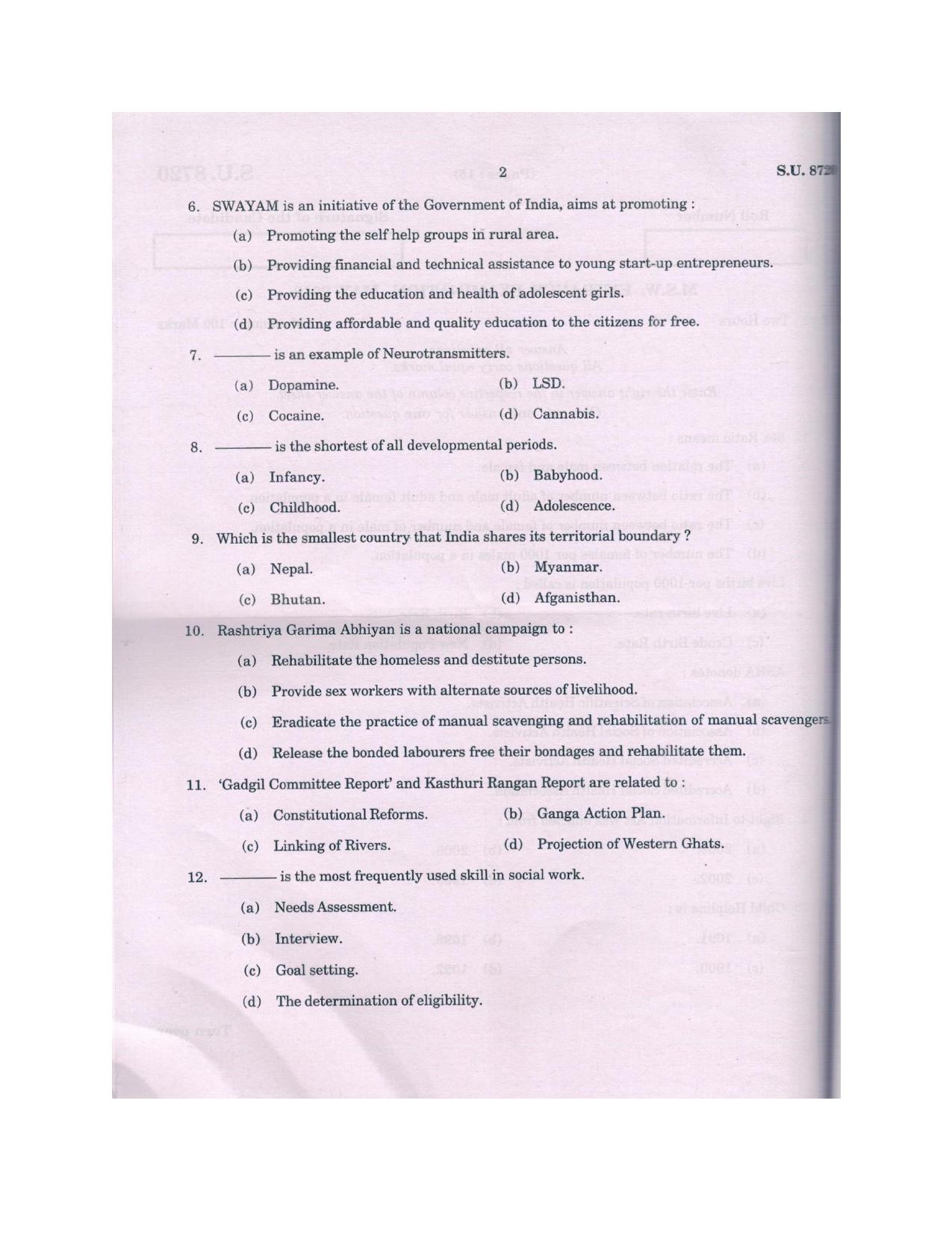 SSUS Entrance Exam MSW 2018 Question Paper - Page 2