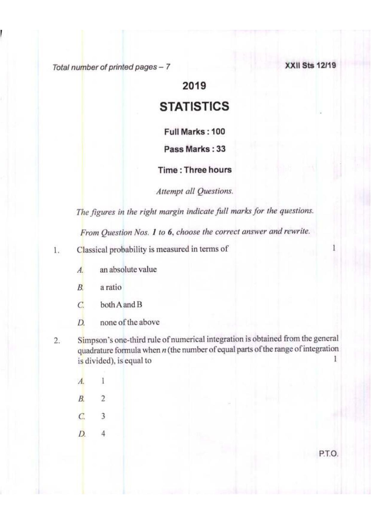COHSEM Class 12 Statistics 2019 Question Papers - Page 1