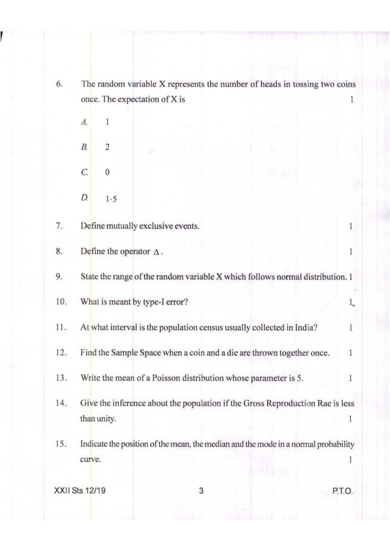 COHSEM Class 12 Statistics 2019 Question Papers - Page 3