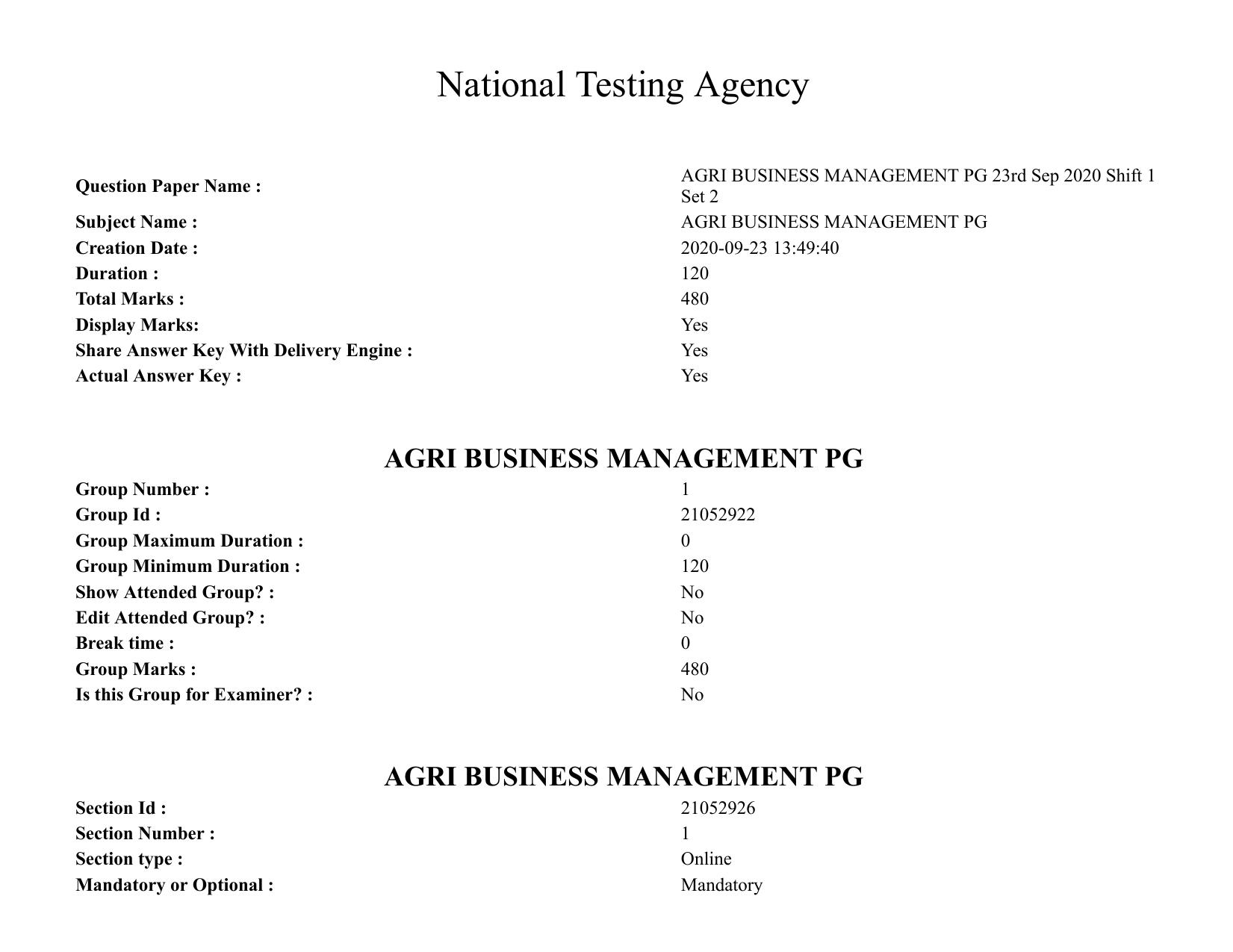 ICAR AIEEA PG 2020 AGRI BUSINESS MANAGEMENT Question Paper - Page 1
