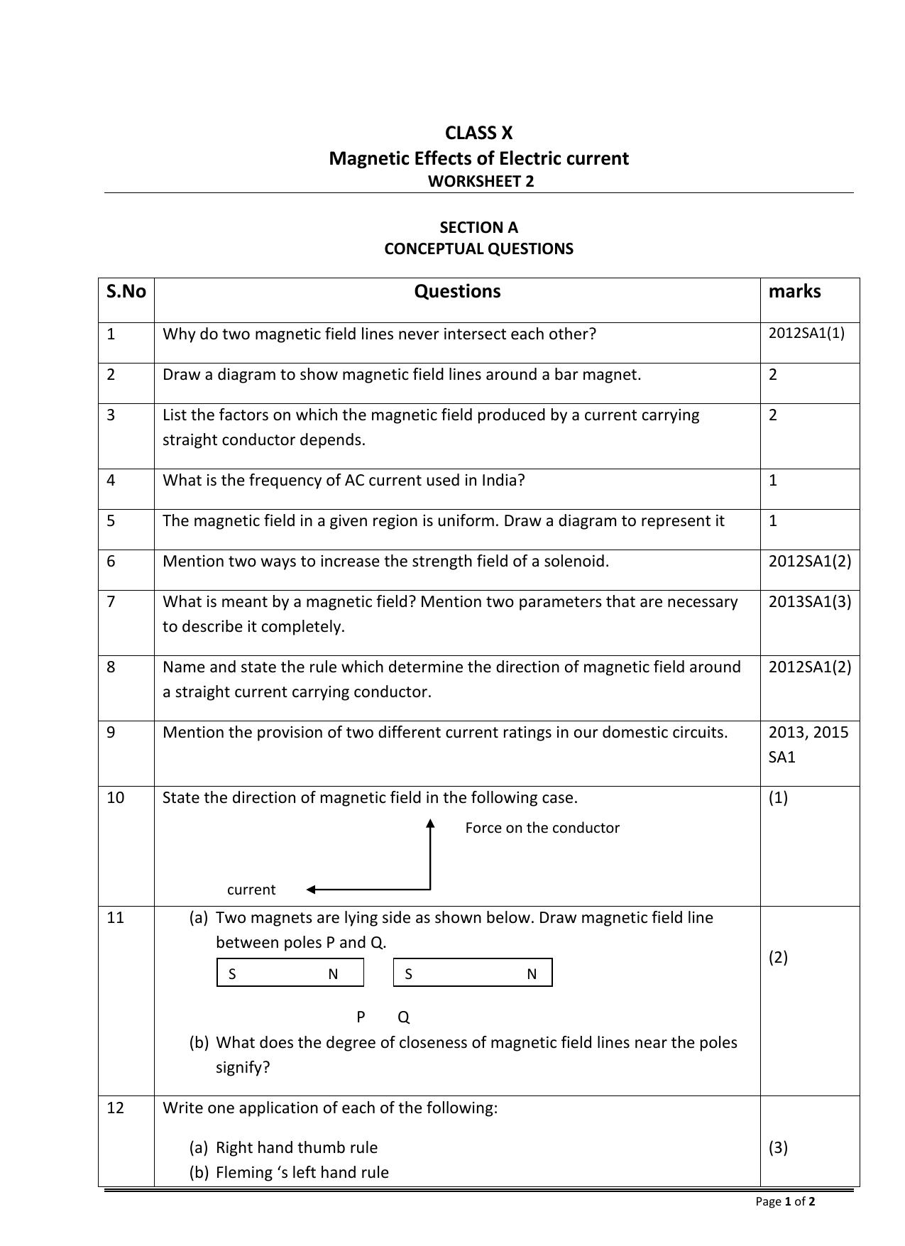 CBSE Worksheets for Class 10 Physics Magnetic Effects Of Electric Current Assignment - Page 1