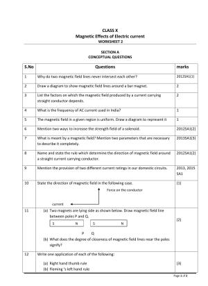 CBSE Worksheets for Class 10 Physics Magnetic Effects Of Electric Current Assignment