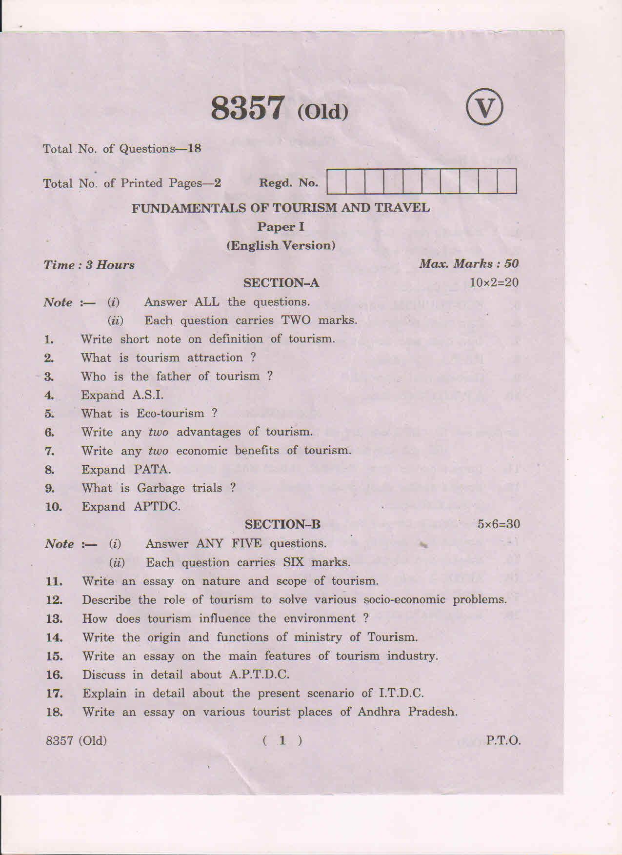 AP Inter 1st Year Fundamentals of Tourism and Travel-I (Old) March-2019-Vocational Question Paper - Page 1