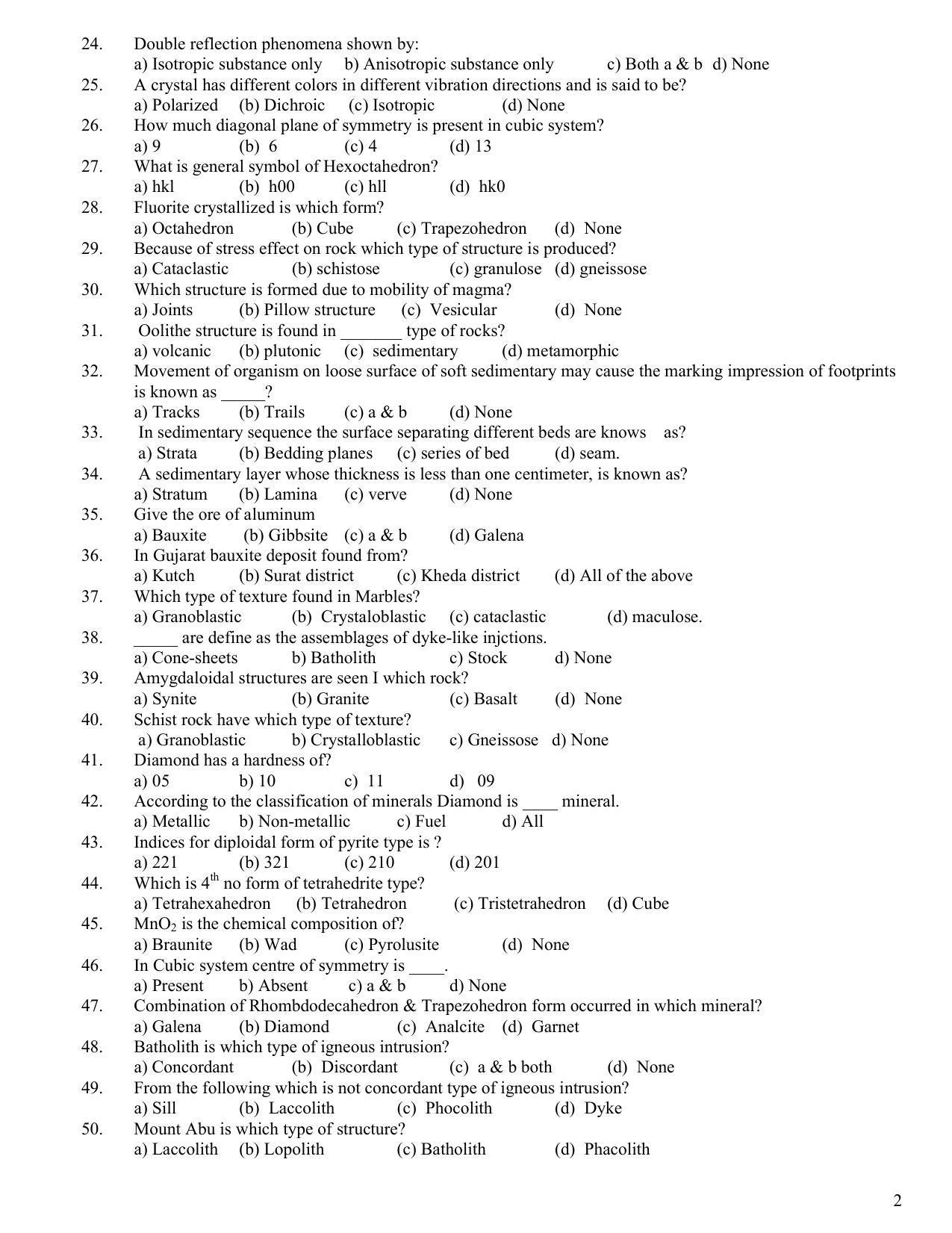 Hemchand North Gujarat University Sample Paper July-Sept 2021:  B.Sc. Semester-III Optical Mineralogy, Crystallography, Petrology & Economic Geology (Theory)  Paper Code - 3617 - Page 2