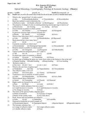 Hemchand North Gujarat University Sample Paper July-Sept 2021:  B.Sc. Semester-III Optical Mineralogy, Crystallography, Petrology & Economic Geology (Theory)  Paper Code - 3617