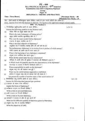Bilaspur University Question Paper June 2022:M.A Political Science (Fourth Semester) Diplomacy:Theory And Practice Paper 1