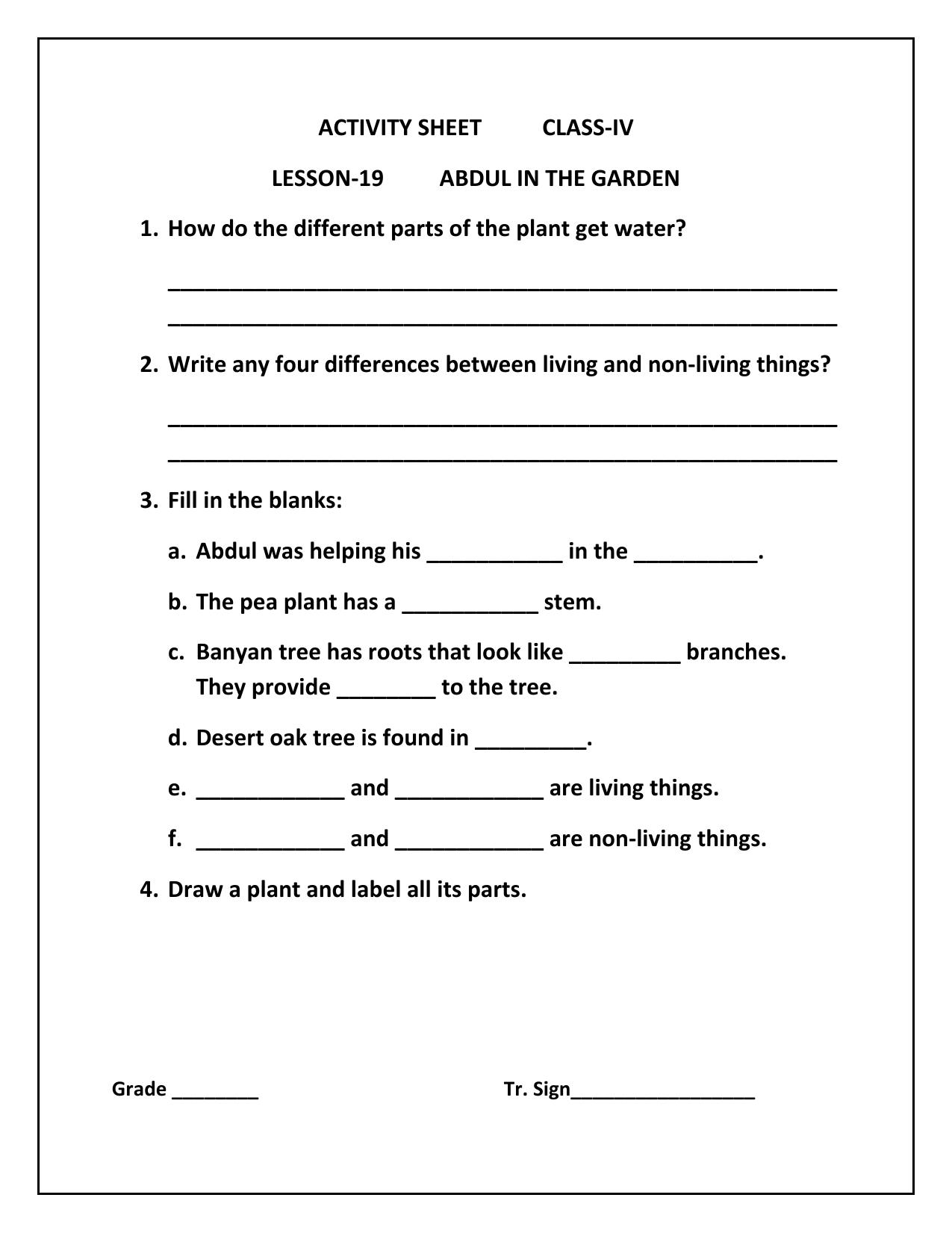 Worksheet for Class 4 Environmental Studies Abdul in Garden Assignment - Page 1