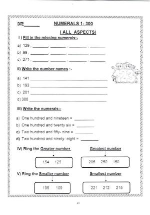 Worksheets for Class 2 Maths Assignment 142 Nomerals