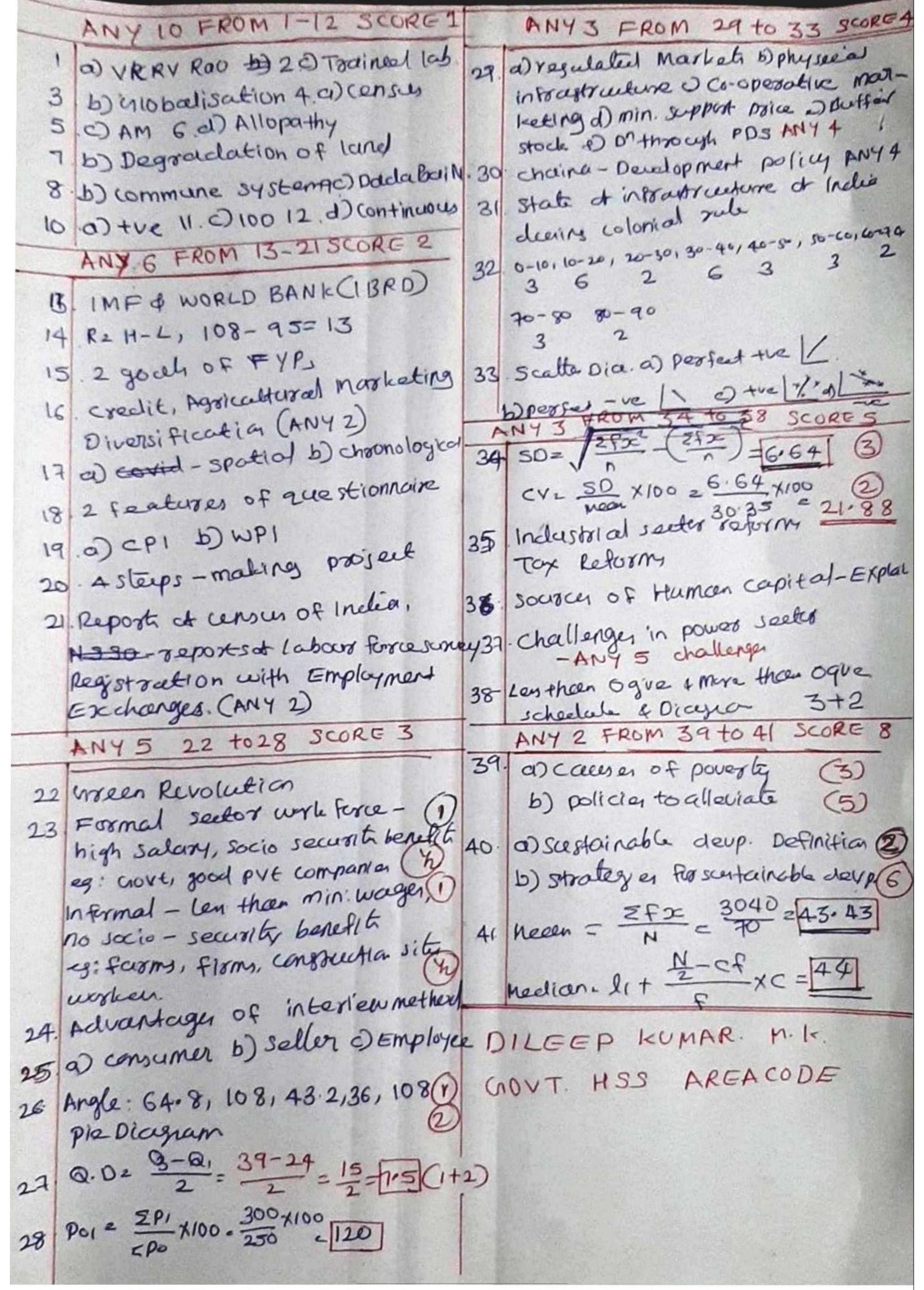 Kerala Plus One 2022 Economics Answer Key (Model) - Page 1