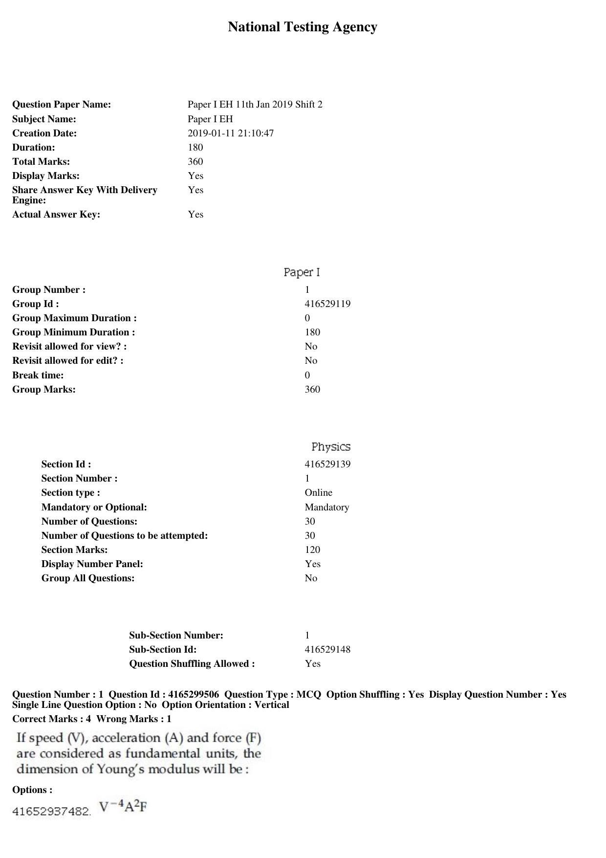 JEE Main 2019 Paper I Question Paper (11th Jan 2019 Shift 2) - Page 1