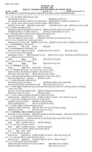 Hemchand North Gujarat University Sample Paper July-Sept 2021: M ED Sem – III CC -301 Research Methods Advanced  (New)