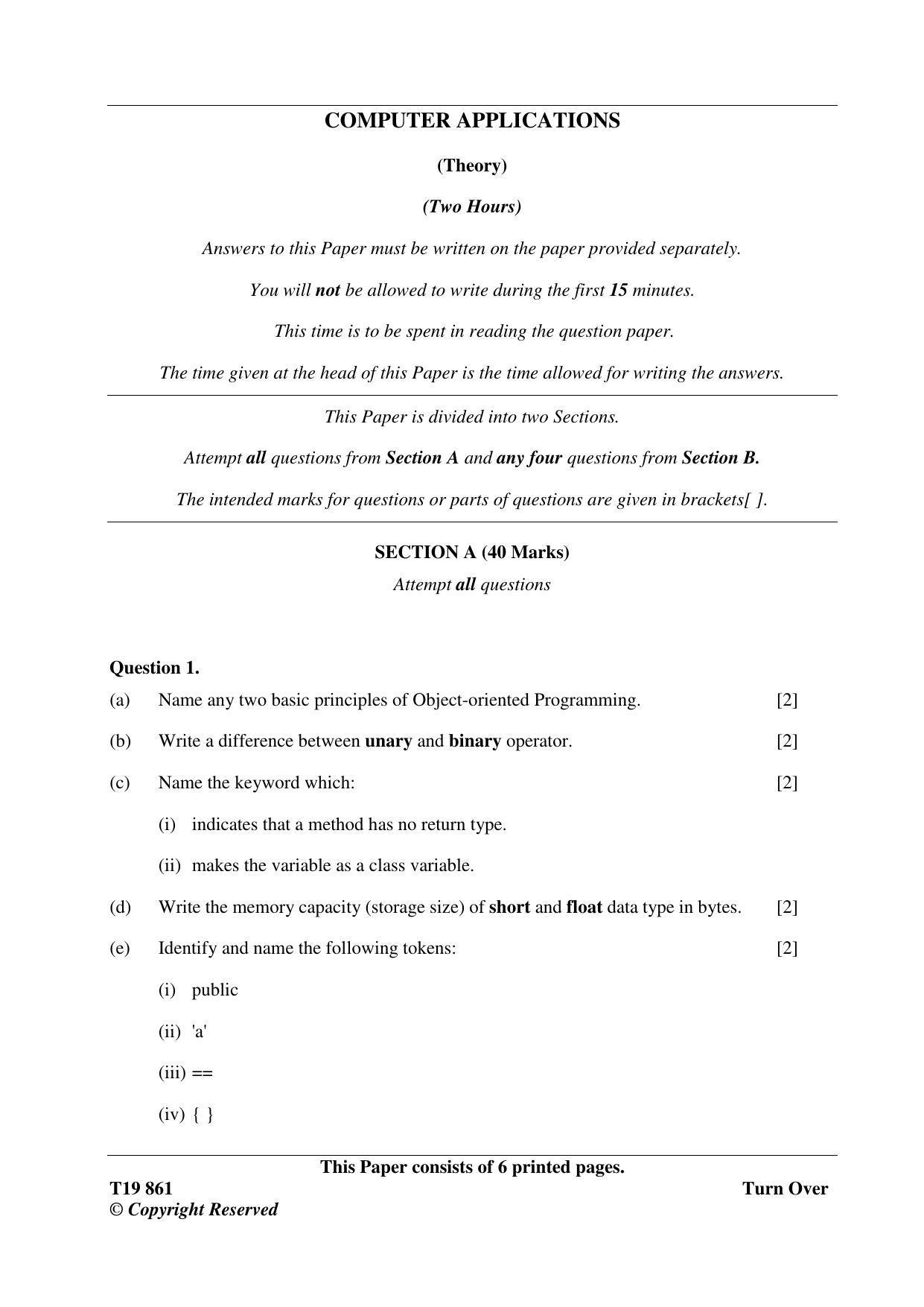 ISC Class 12 2019 Computer Applications Question Paper - Page 1
