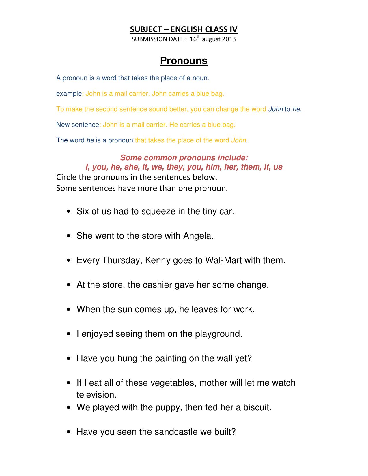 Worksheet for Class 4 English Assignment 77 Pronouns - Page 1