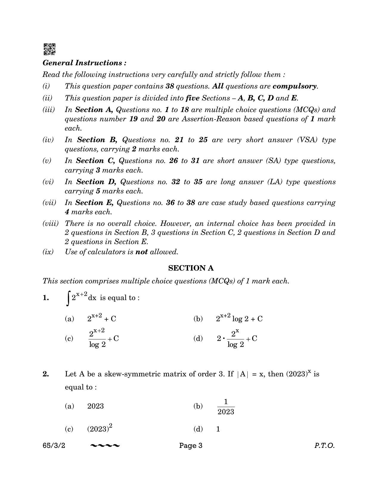CBSE Class 12 65-3-2 MATHEMATICS 2023 Question Paper - Page 3