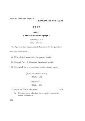 Meghalaya Board (MBOSE) Class 12 GARO 2019 Question Paper