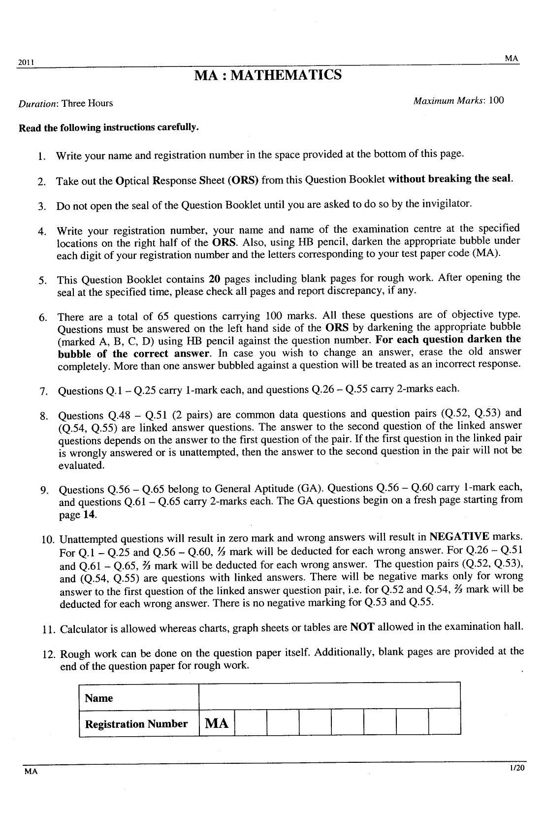 GATE 2011 Mathematics (MA) Question Paper with Answer Key - Page 1