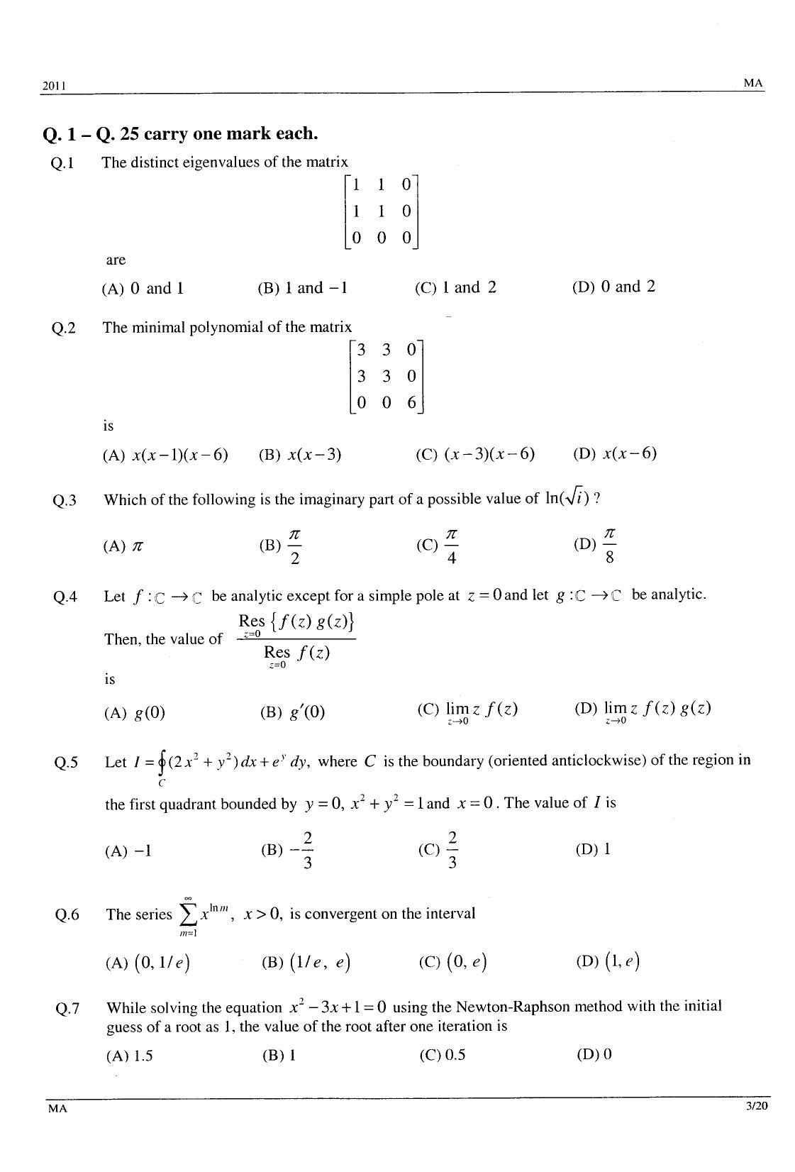 GATE 2011 Mathematics (MA) Question Paper with Answer Key - Page 3