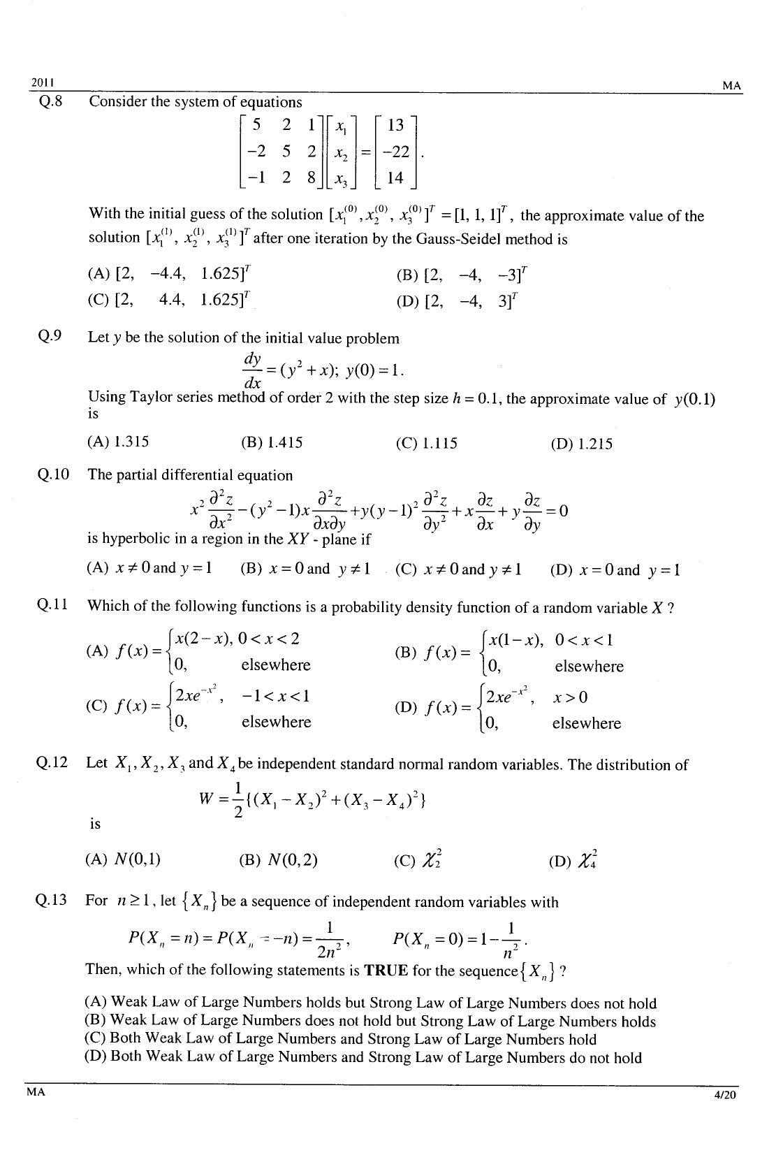 GATE 2011 Mathematics (MA) Question Paper with Answer Key - Page 4