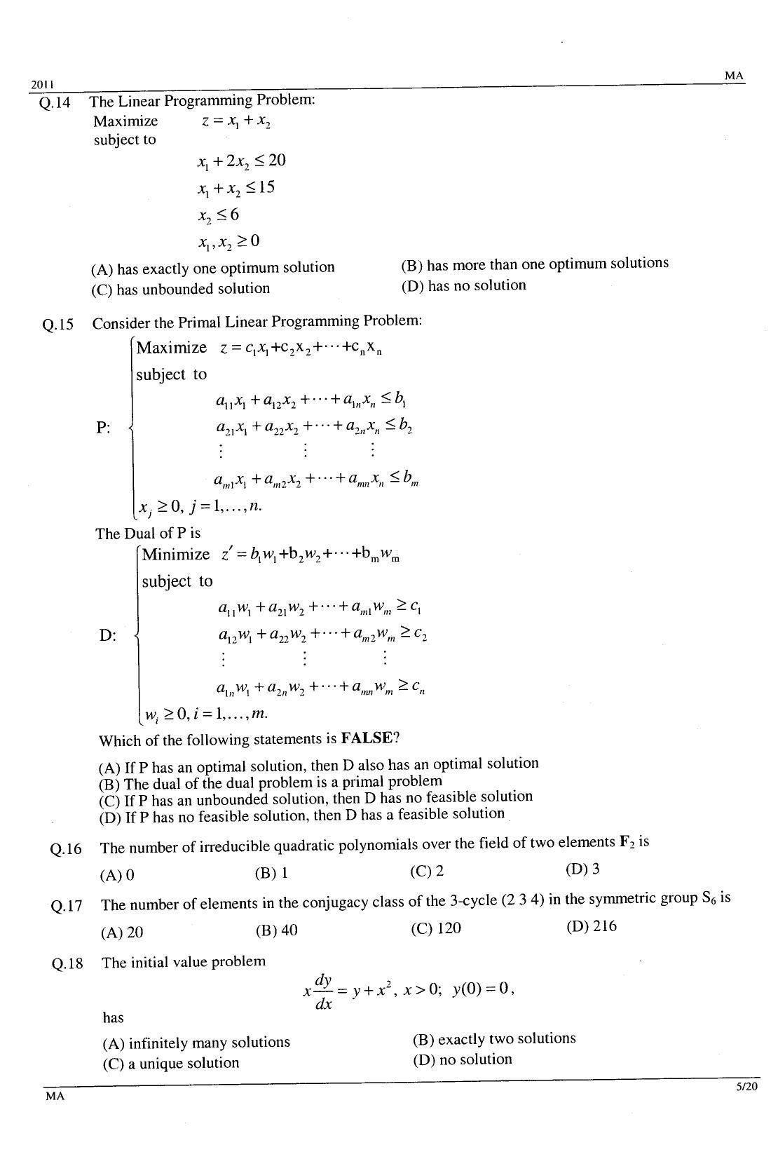 GATE 2011 Mathematics (MA) Question Paper with Answer Key - Page 5