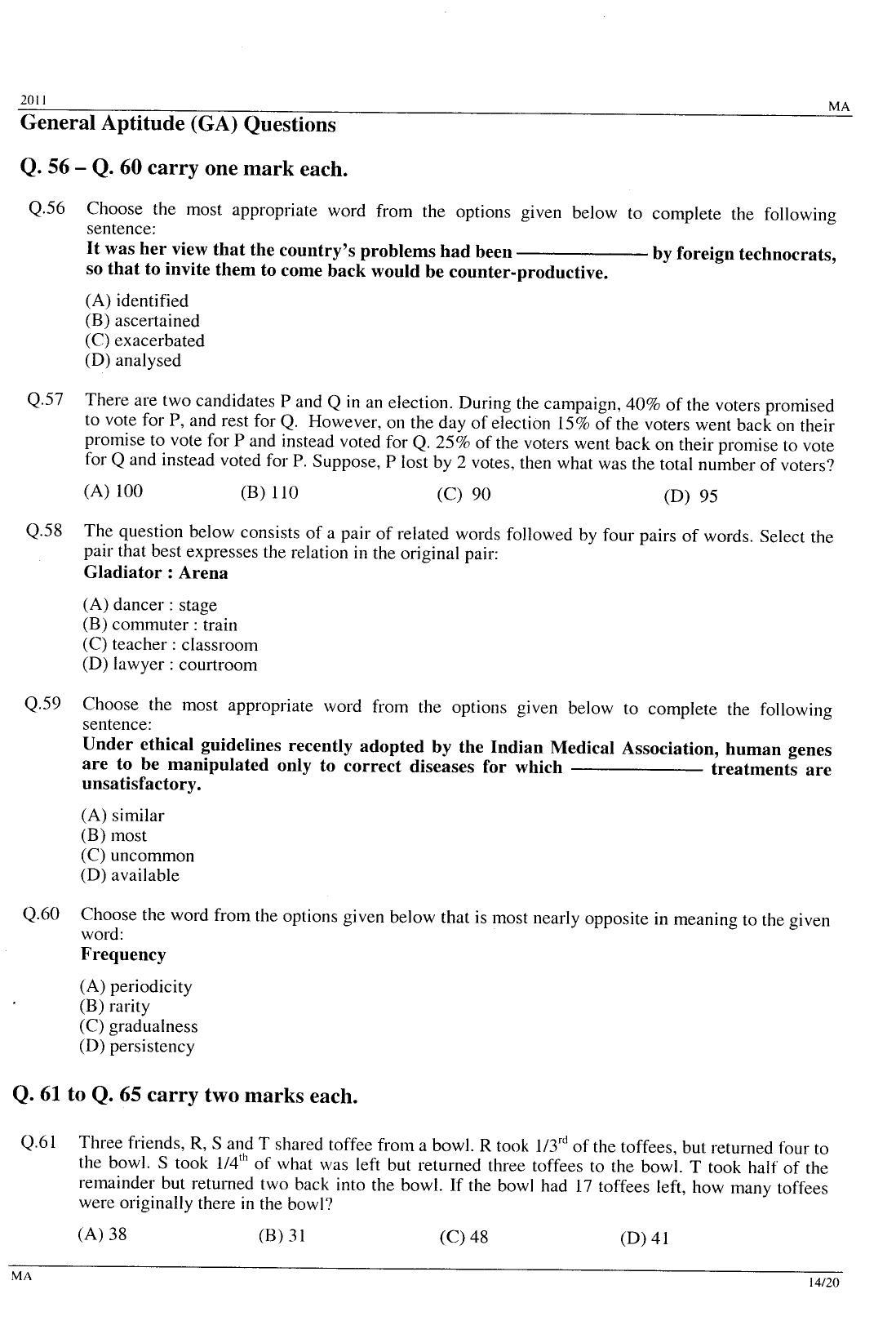 GATE 2011 Mathematics (MA) Question Paper with Answer Key - Page 14