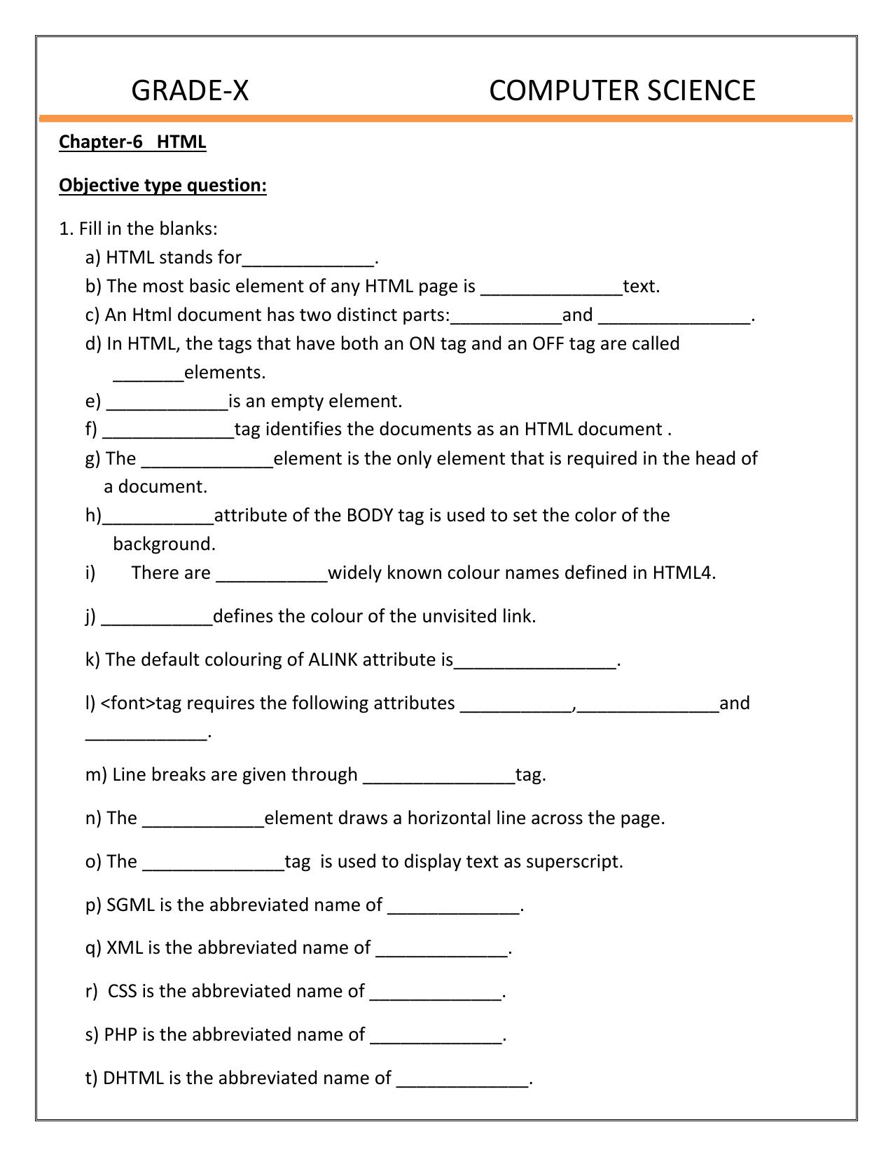 CBSE Worksheets for Class 10 Computer Science HTML Assignment - Page 1