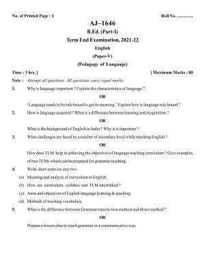 Bilaspur University Question Paper 2021-2022:Bachelor Of Education  (First Year) Pedagogy Of Language- English  (I) Paper 1