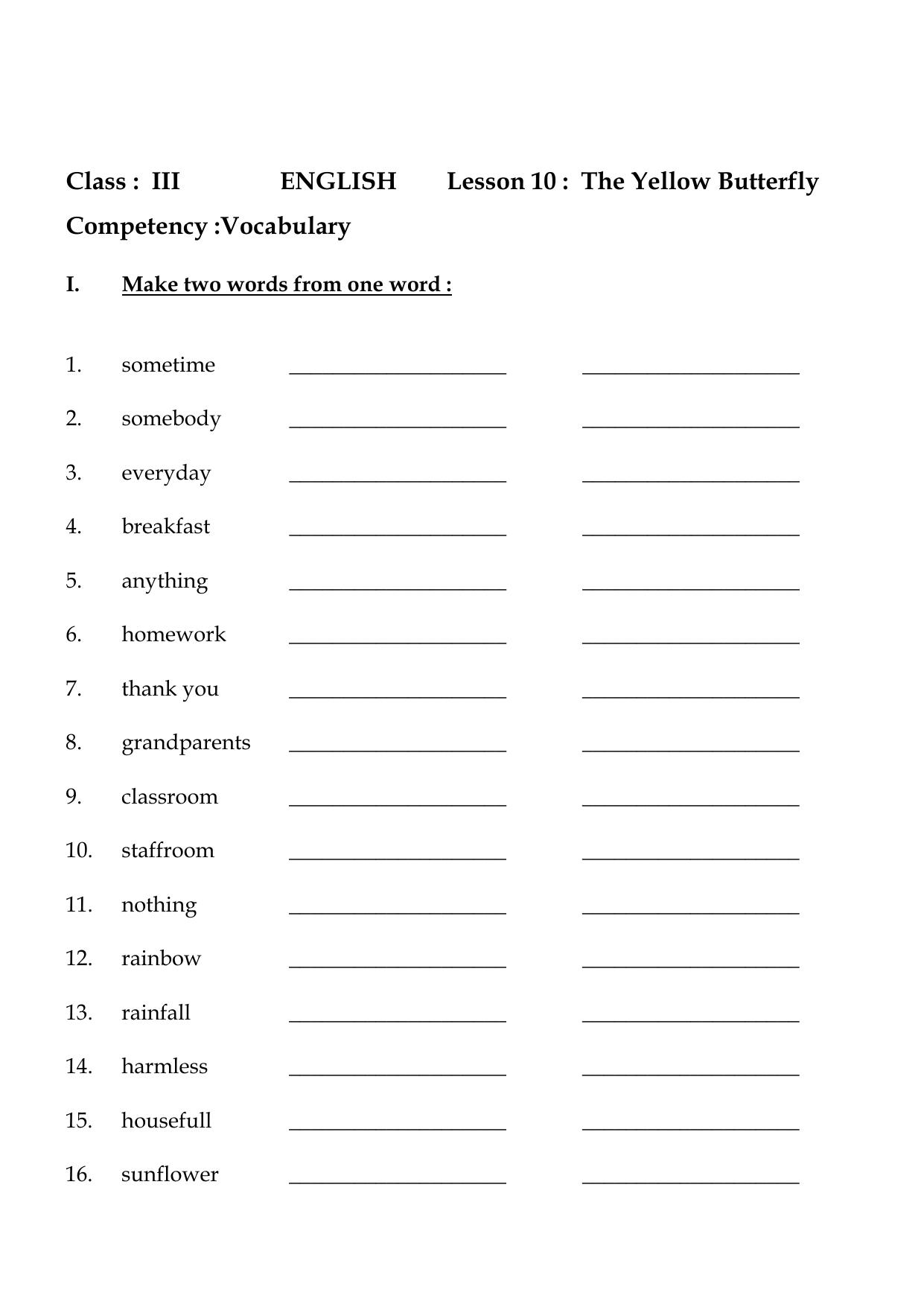 Worksheet for Class 3 English The Yellow Butterfly Assignment - Page 4