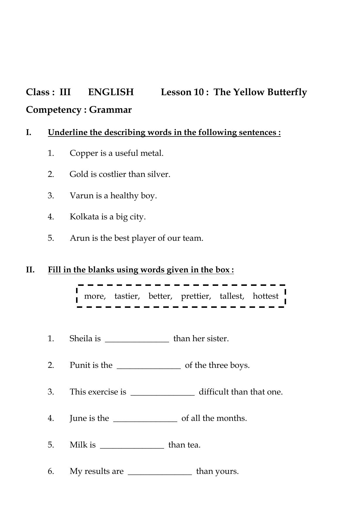Worksheet for Class 3 English The Yellow Butterfly Assignment - Page 5