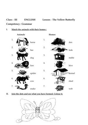 Worksheet for Class 3 English The Yellow Butterfly Assignment