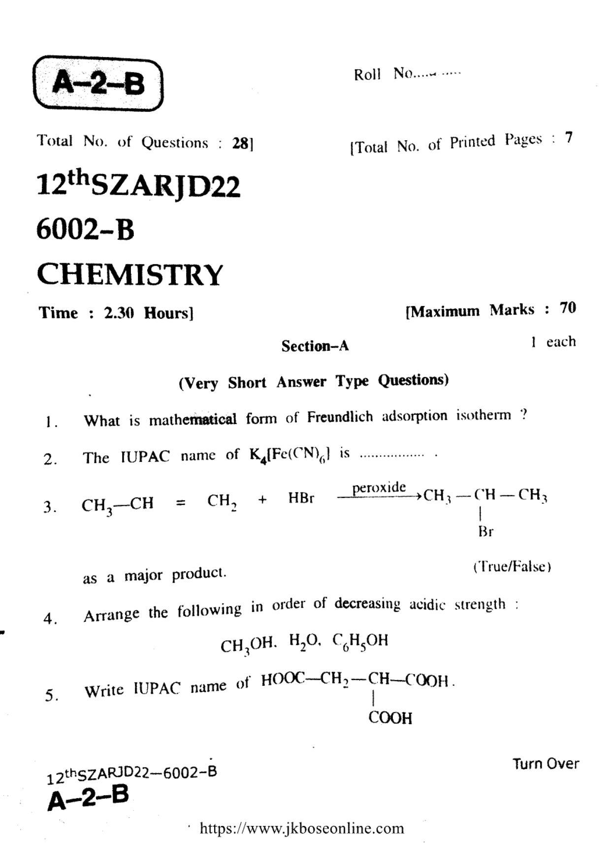 JKBOSE Class 12 Chemistry 6002-B Question Papers 2022 - Page 1