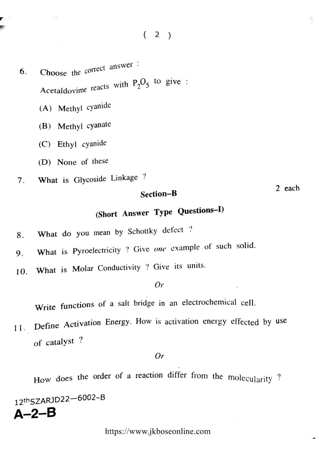 JKBOSE Class 12 Chemistry 6002-B Question Papers 2022 - Page 2