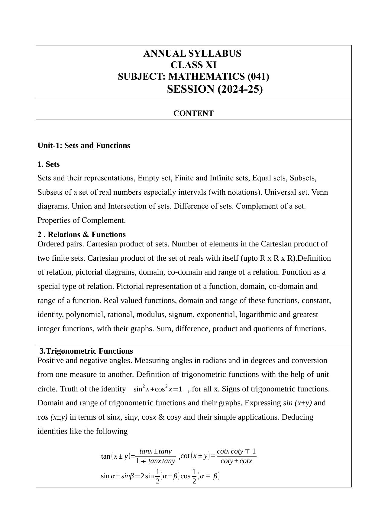 Edudel Class 11 Maths (English Medium) Syllabus 2025 - Page 1